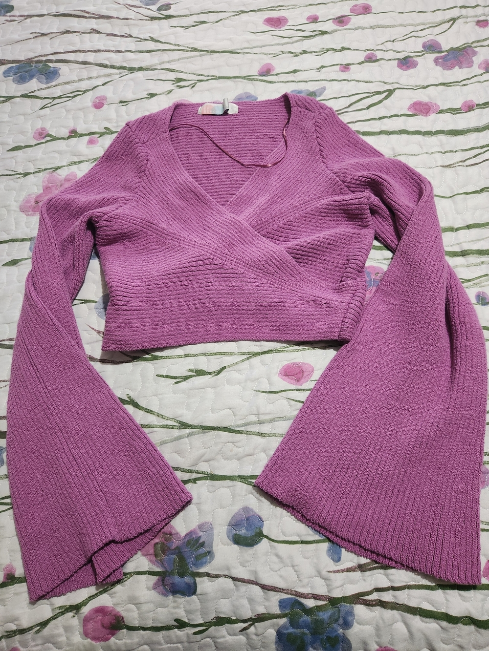 Free People Lavender Ribbed Wrap Crop Top Sweater with Bell Sleeves